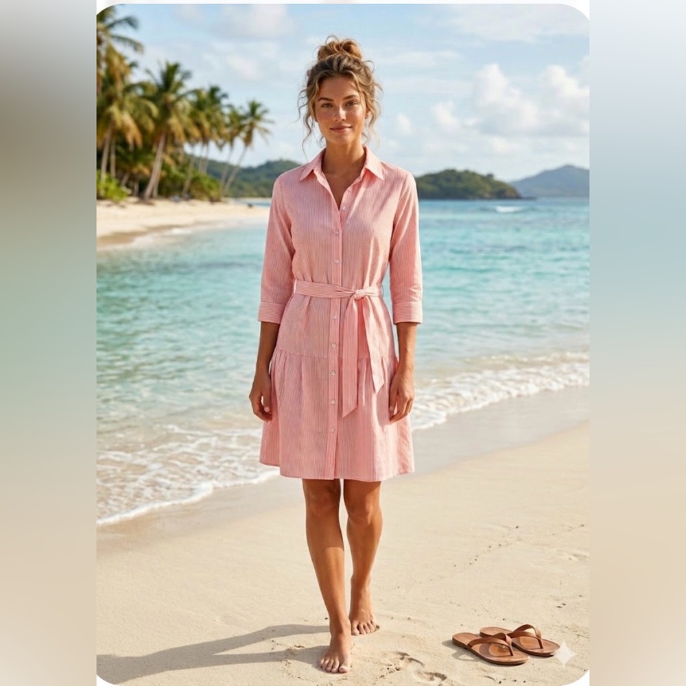 Max & Co Pink & White Pinstripe Oxford Drop Waisr Dress Size 8